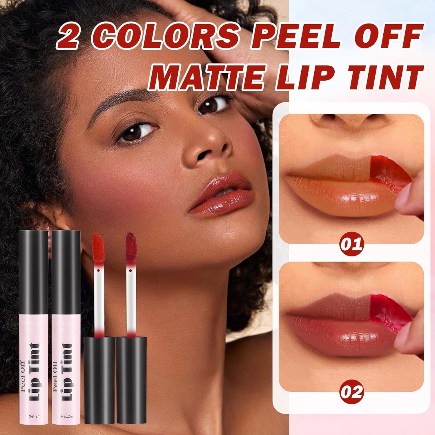 Dual-Color Peel-Off Lip Stain - Long-Lasting Matte Lip Tint with Waterproof Formula (01+02)